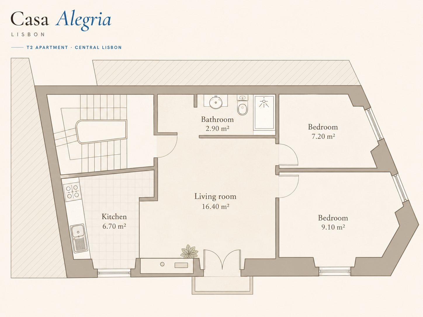 Floor plan of Casa Alegria: living room 16.4 m², two bedrooms (9.1 & 7.2 m²), kitchen 6.7 m² and bathroom 2.9 m²