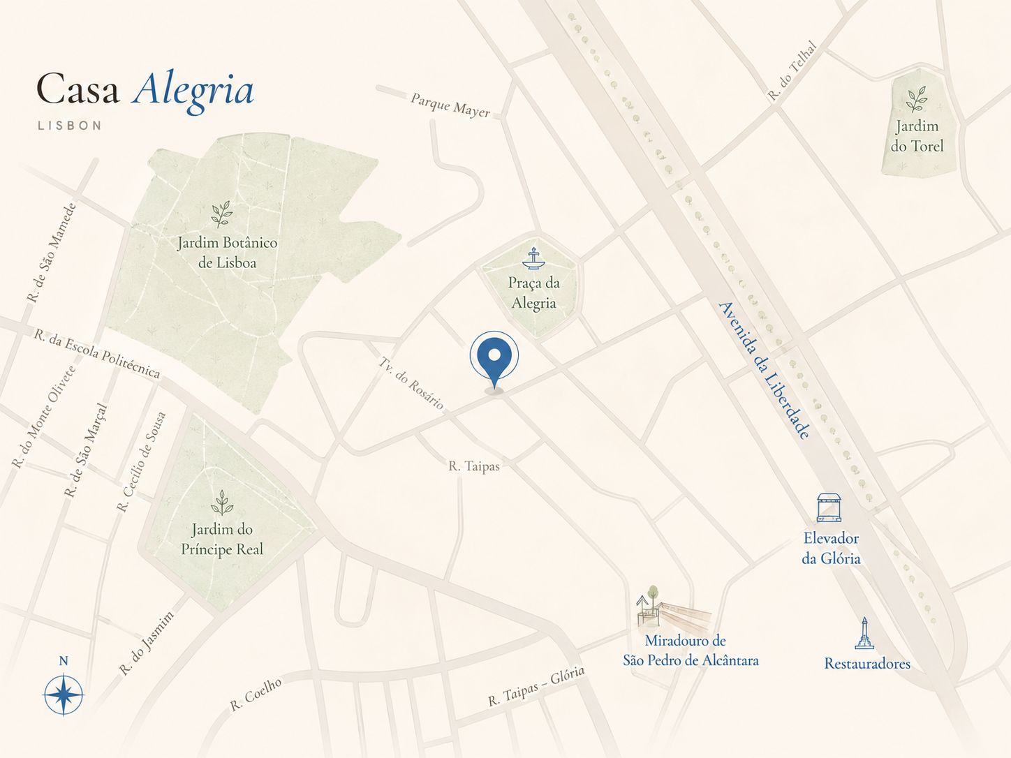 Illustrated map of the Praça da Alegria neighbourhood, Lisbon, with Casa Alegria marked